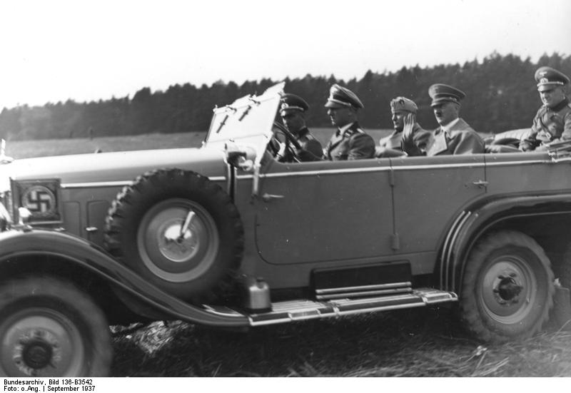 Mussolini and Hitler in a Daimler-Benz Type G4 W31 limousine during German Army maneuvers in Mecklenburg and Pomerania